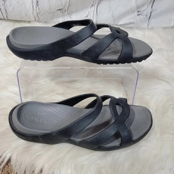 CROCS Womens size 10 Open Toe Slip On Low Wedge Strappy Slides Black Gray Casual - Picture 8 of 8